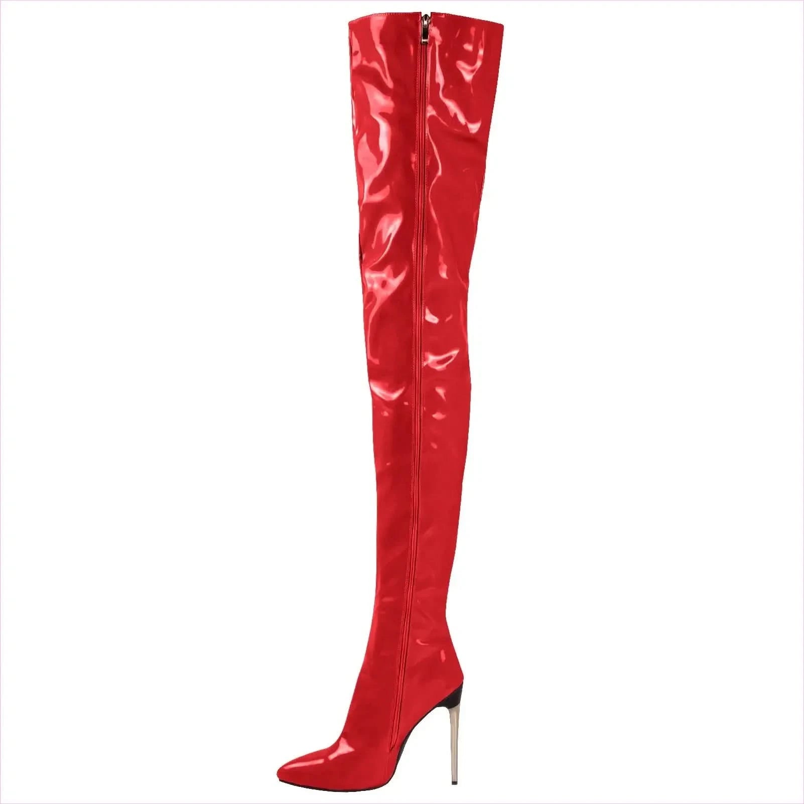Zipper Patent Stiletto Thigh Length Boots in Black, Blue, and White - Pleasures and Sins