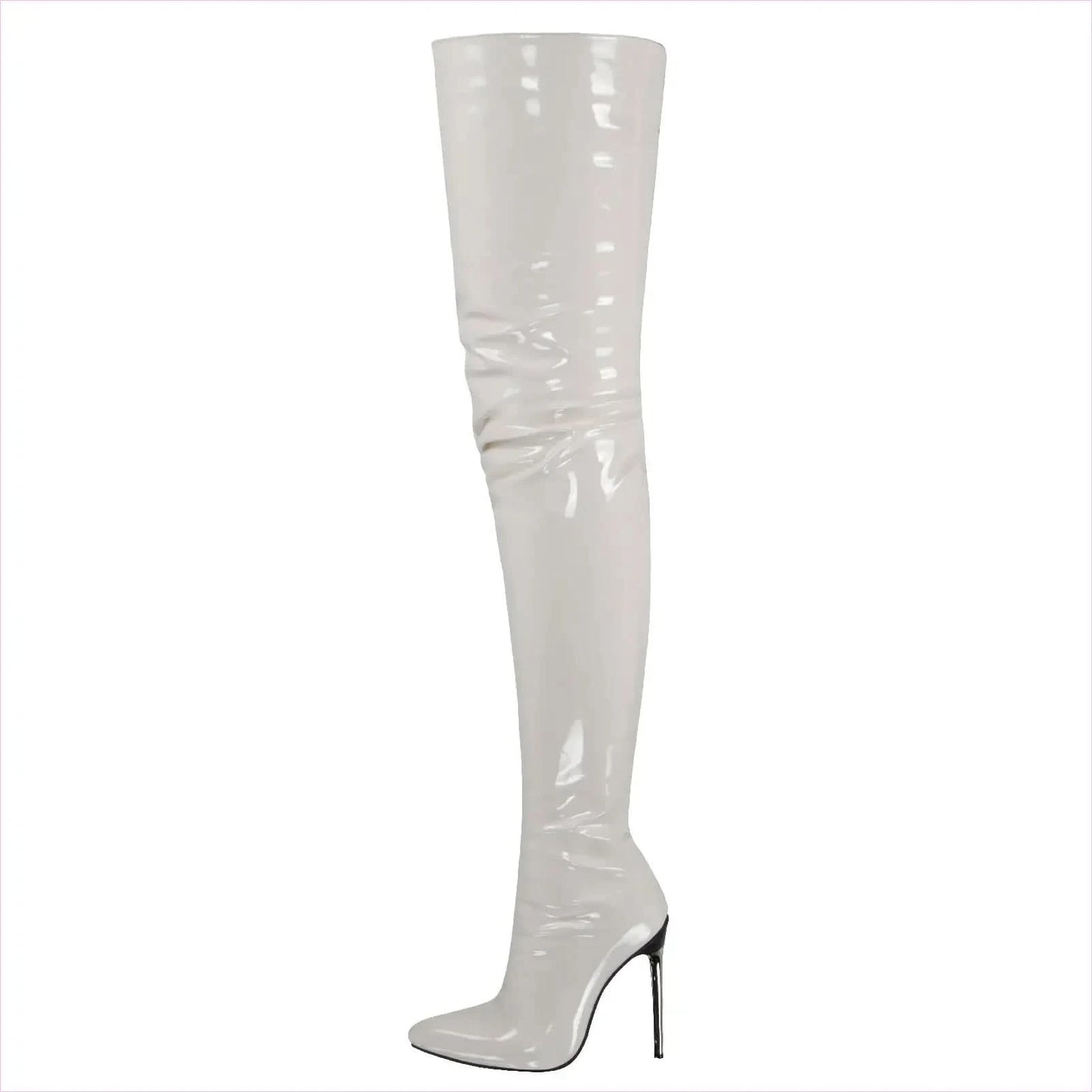 Zipper Patent Stiletto Thigh Length Boots in Black, Blue, and White - Pleasures and Sins