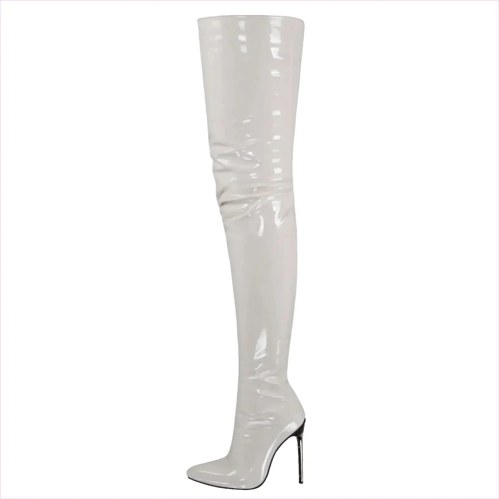 Zipper Patent Stiletto Thigh Length Boots in Black, Blue, and White - Pleasures and Sins